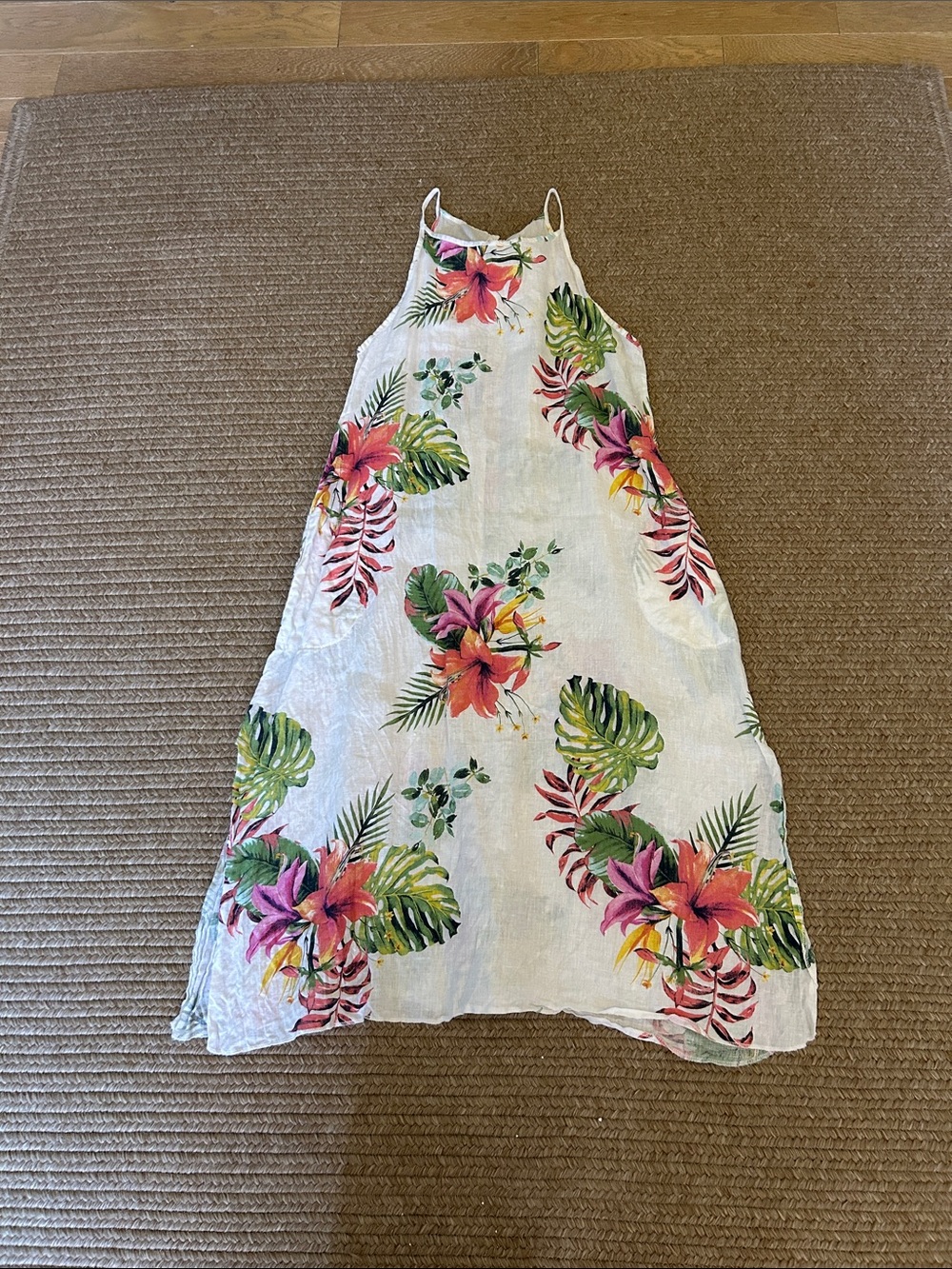 Long all linen Hawaiian floral print swim coverup or dress, medium Lungo L’Arno - Picture 2 of 6